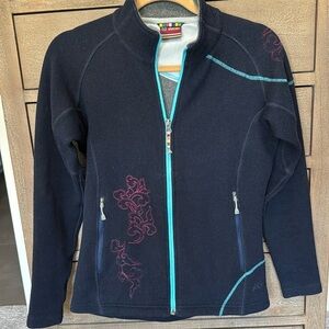 Sherpa Navy Wool Blend Jacket Womens XS winter zip up embroidered activewear